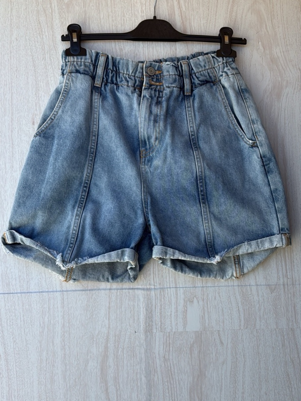 High-Rise Light Blue Denim Paperbag Shorts with Rolled Hem